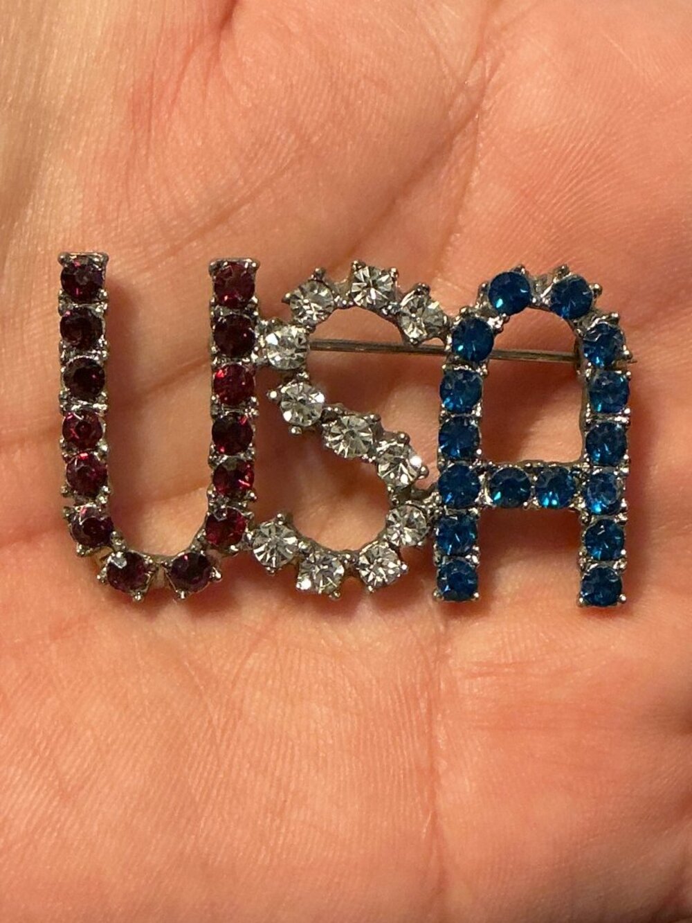 Vintage USA Patriotic Rhinestone Brooch Red White Blue Flag Colors Unmarked